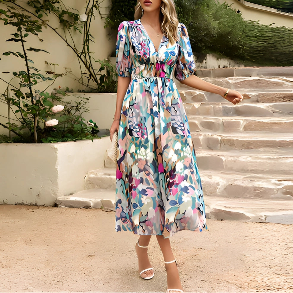 Isabelle ™ - Robe Midi Femme Élégante en Mousseline, Style Tropical