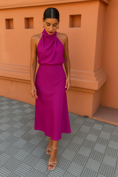 Robe Élégante Femme Longue en Satin Léger, Col Drapé et Dos Découvert - Selina™