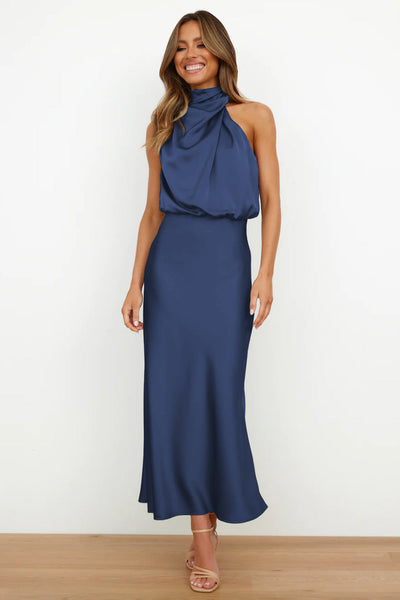 Robe Élégante Femme Longue en Satin Léger, Col Drapé et Dos Découvert - Selina™