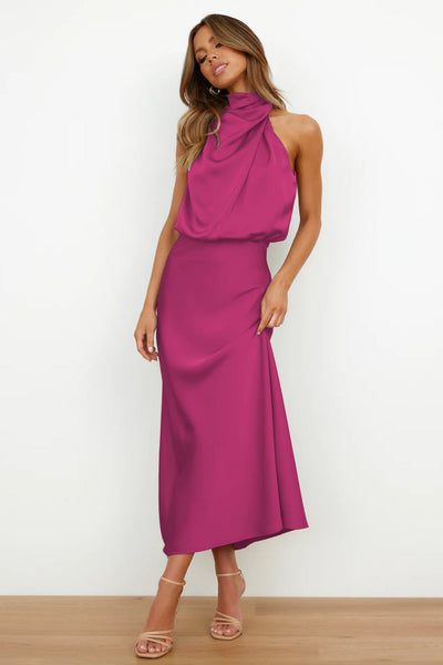 Robe Élégante Femme Longue en Satin Léger, Col Drapé et Dos Découvert - Selina™