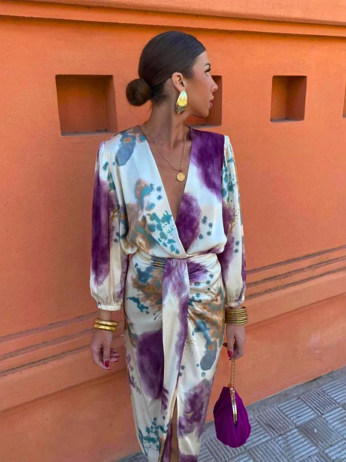 Robe Longue Femme Élégante Violet, Décolleté en V, Coupe Flatteuse - Elara