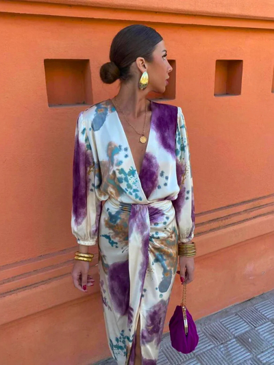 Robe Longue Femme Élégante Violet, Décolleté en V, Coupe Flatteuse - Elara