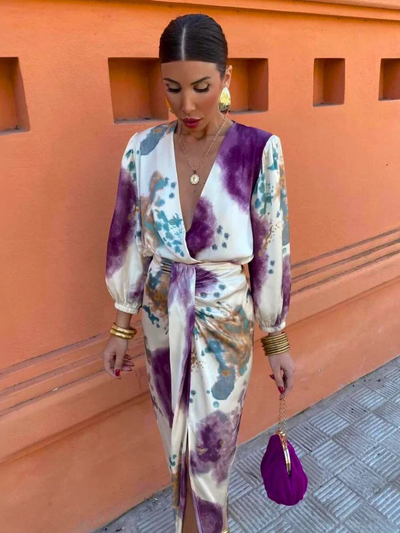 Robe Longue Femme Élégante Violet, Décolleté en V, Coupe Flatteuse - Elara